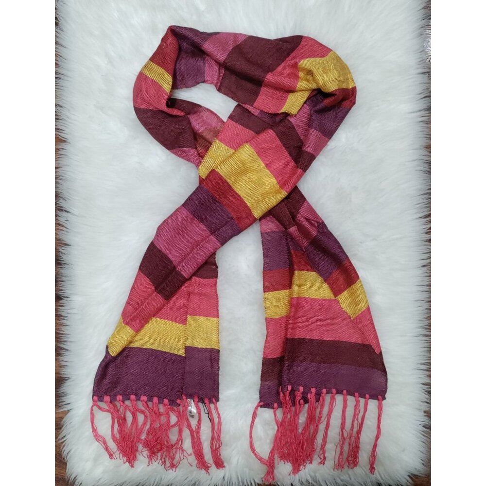 Rosecarft Pure Bamboo Handmade Handwoven Pink Purple Yellow Striped Fringe Scarf - Picture 2 of 10